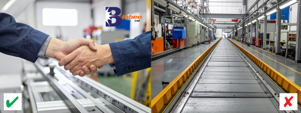 A handshake in front of a production line next to an empty production line demonstrations the Bibbeo Difference of a Full-Cycle Solution.