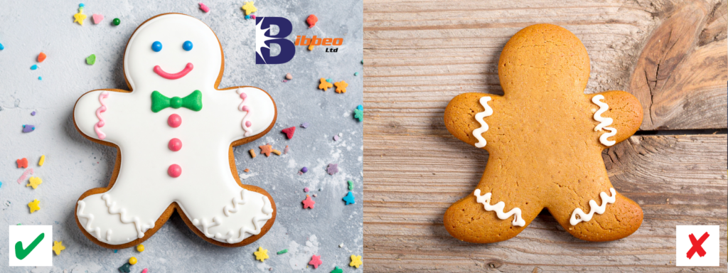A decorated Gingerbread Man next to a blank one demonstrates the Bibbeo Difference of Personal Service.