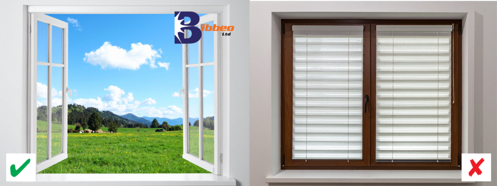 And open window with beautiful scenery next to a window with blinds demonstrates the Bibbeo Difference of Transparency.