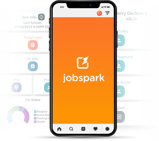 An image of the Jobspark Field Management App on a phone screen